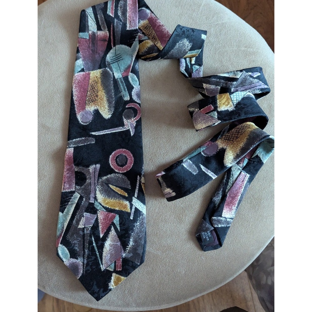 Vtg 90s Zylos George Machado Mens Silk Tie Black Abstract Geometric Memphis